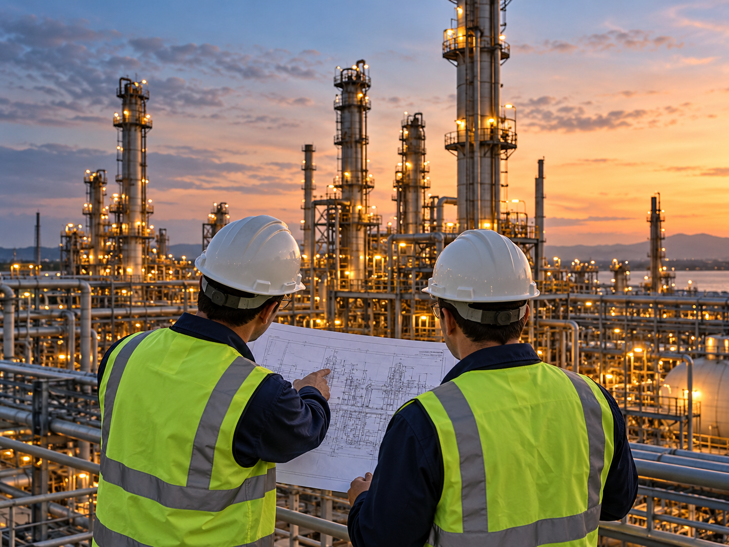Two engineers reviewing technical drawings at an industrial refinery at dusk