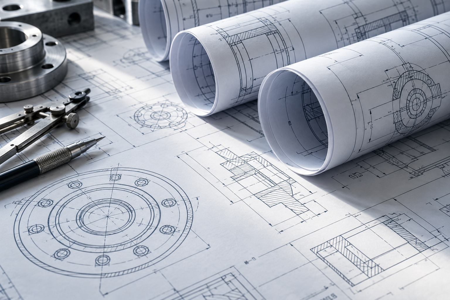Rolled engineering drawings and detailed technical plans