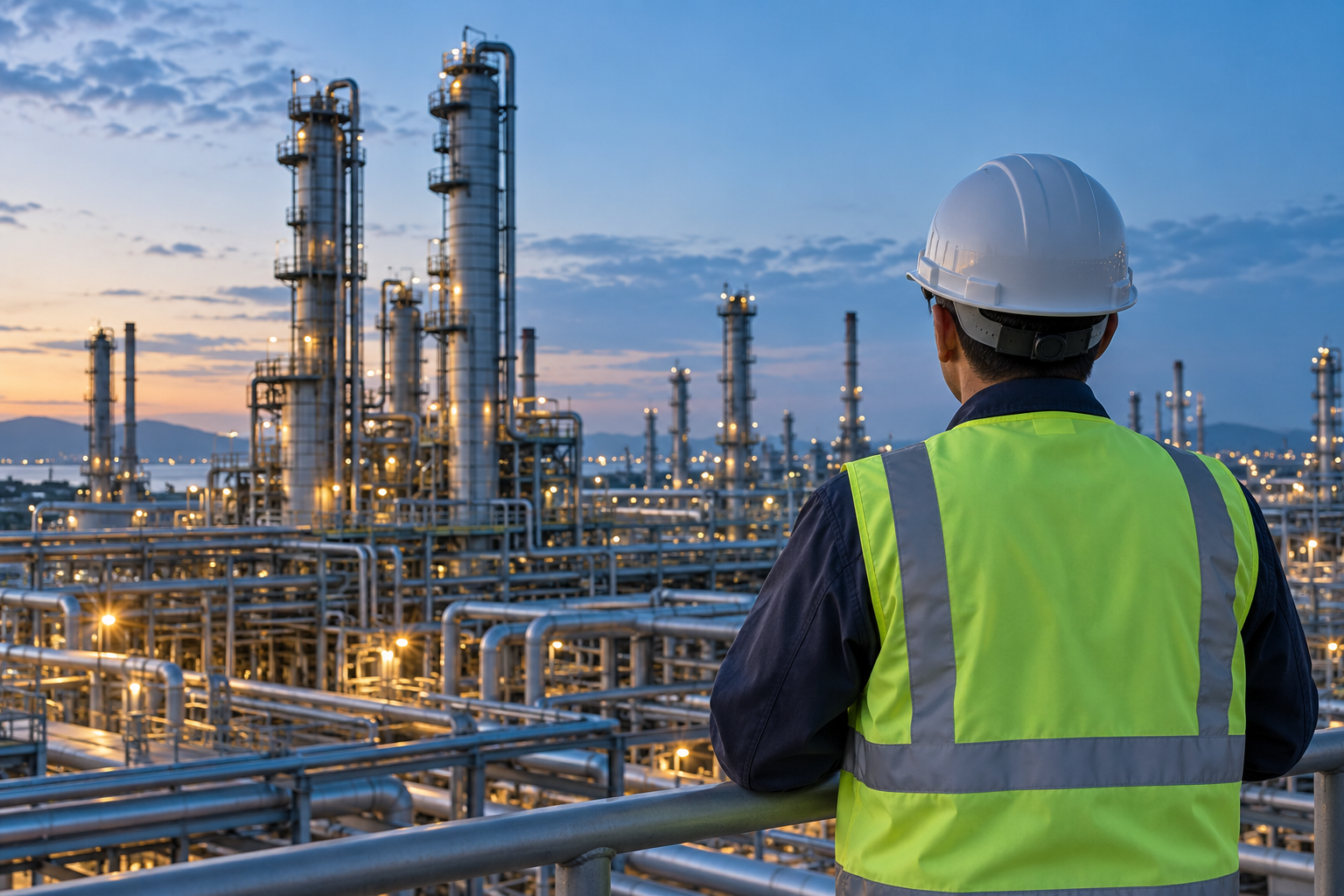 Engineer in protective equipment overlooking an industrial refinery