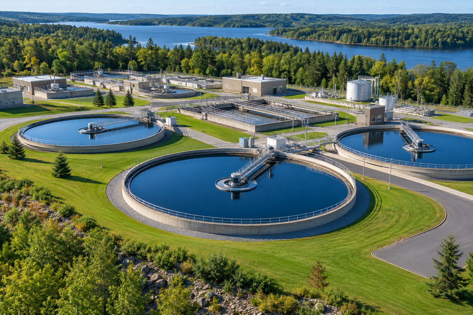 Aerial view of municipal water treatment infrastructure